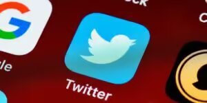 Logotipo de pájaro celeste en pantalla de de smartphone de manera virtual de Twitter Ads