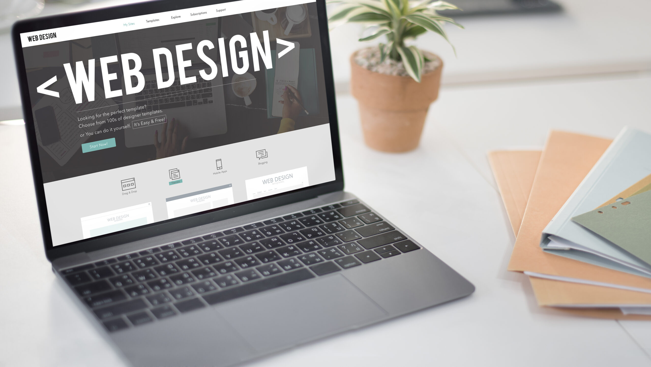 Portátil en una mesa con papeles y una maceta de interiores, con web design de BarmetMedia.