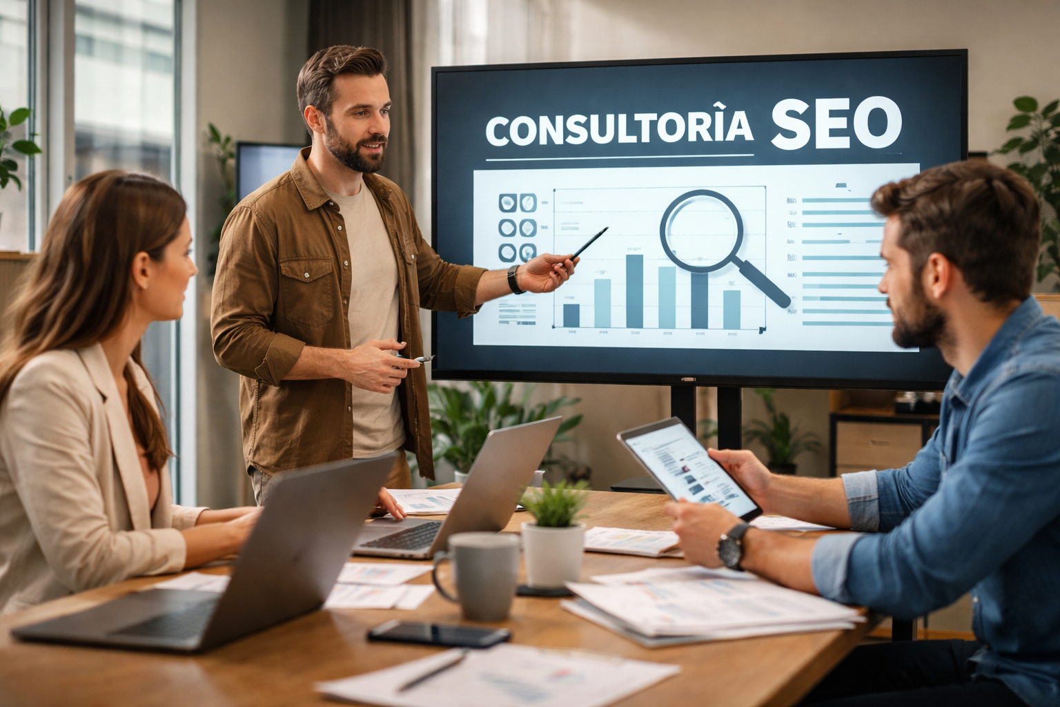 Tres profesionales de marketing en una reunion sobre la consultoria de SEO de BarmetMedia.