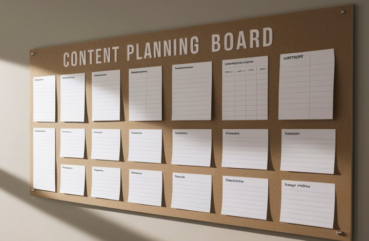 Tablero de planificación de contenidos con calendario editorial y notas organizadas por categorías