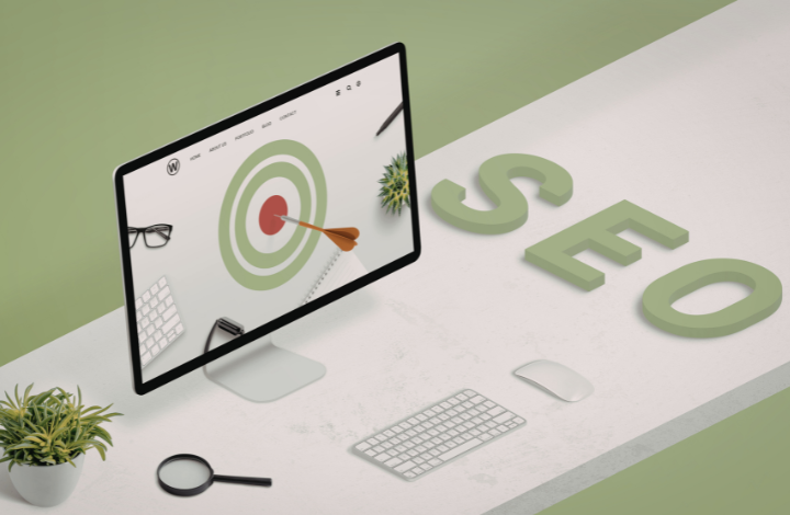 Monitor con objetivo de posicionamiento SEO en escritorio, ideal para ilustrar una estrategia de SEO para ecommerce