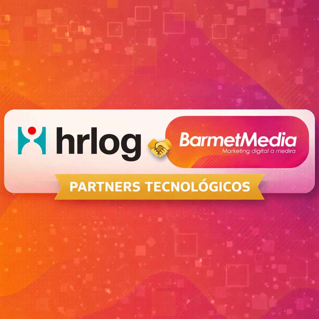 Logotipo de partners BarmetMedia y Hrlog en un fondo difuminado.