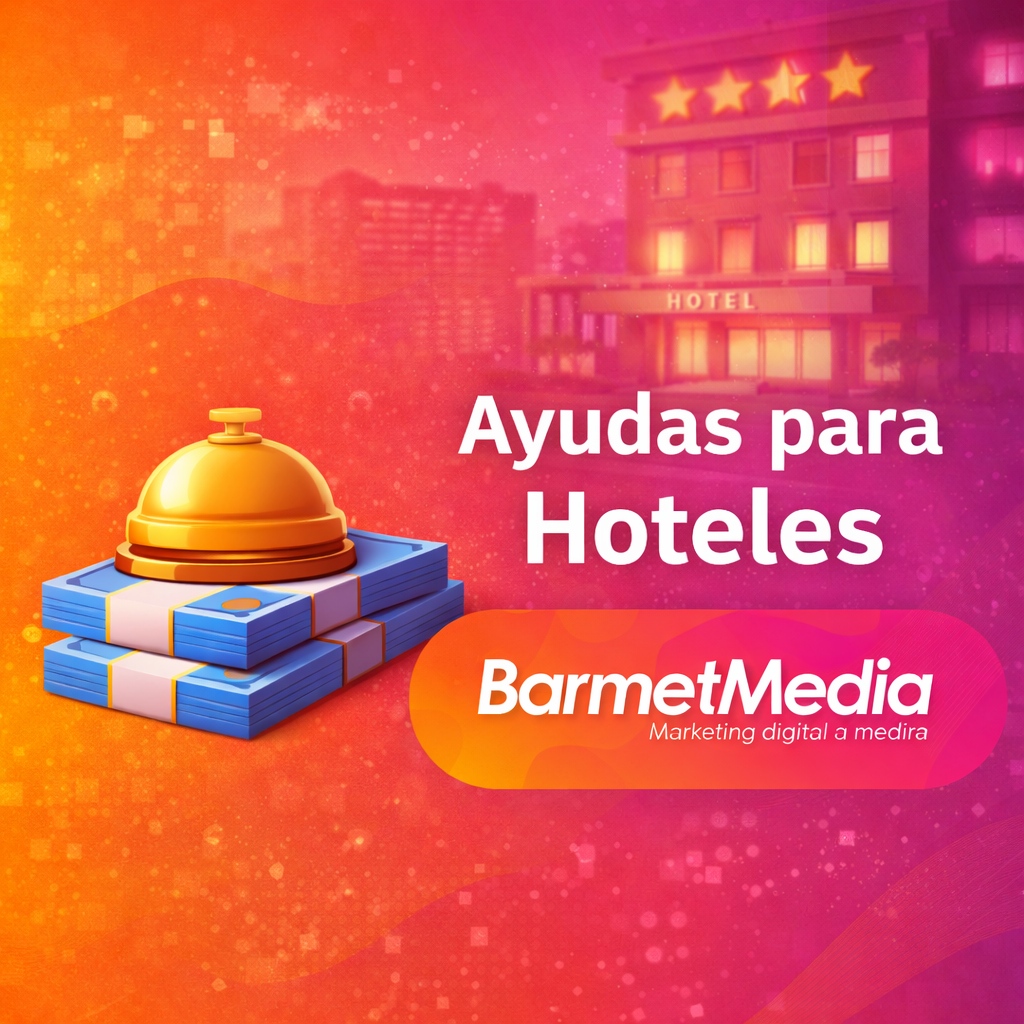 Fondo difuminado morado y naranja con transparencias, un hotel cinco estrellas junto a una campanita con billetes que representa las ayudas para Hoteles de BarmetMedia.