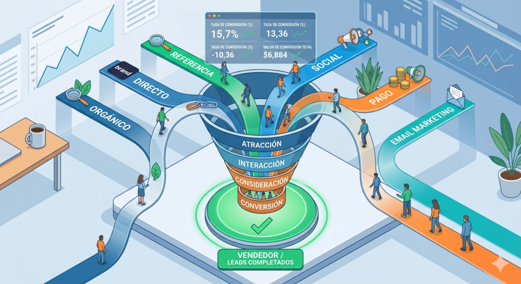 Una ilustración isométrica detallada de un embudo de conversión de marketing digital. El embudo tiene niveles etiquetados como ATRACCIÓN, INTERACCIÓN, CONSIDERACIÓN y CONVERSIÓN