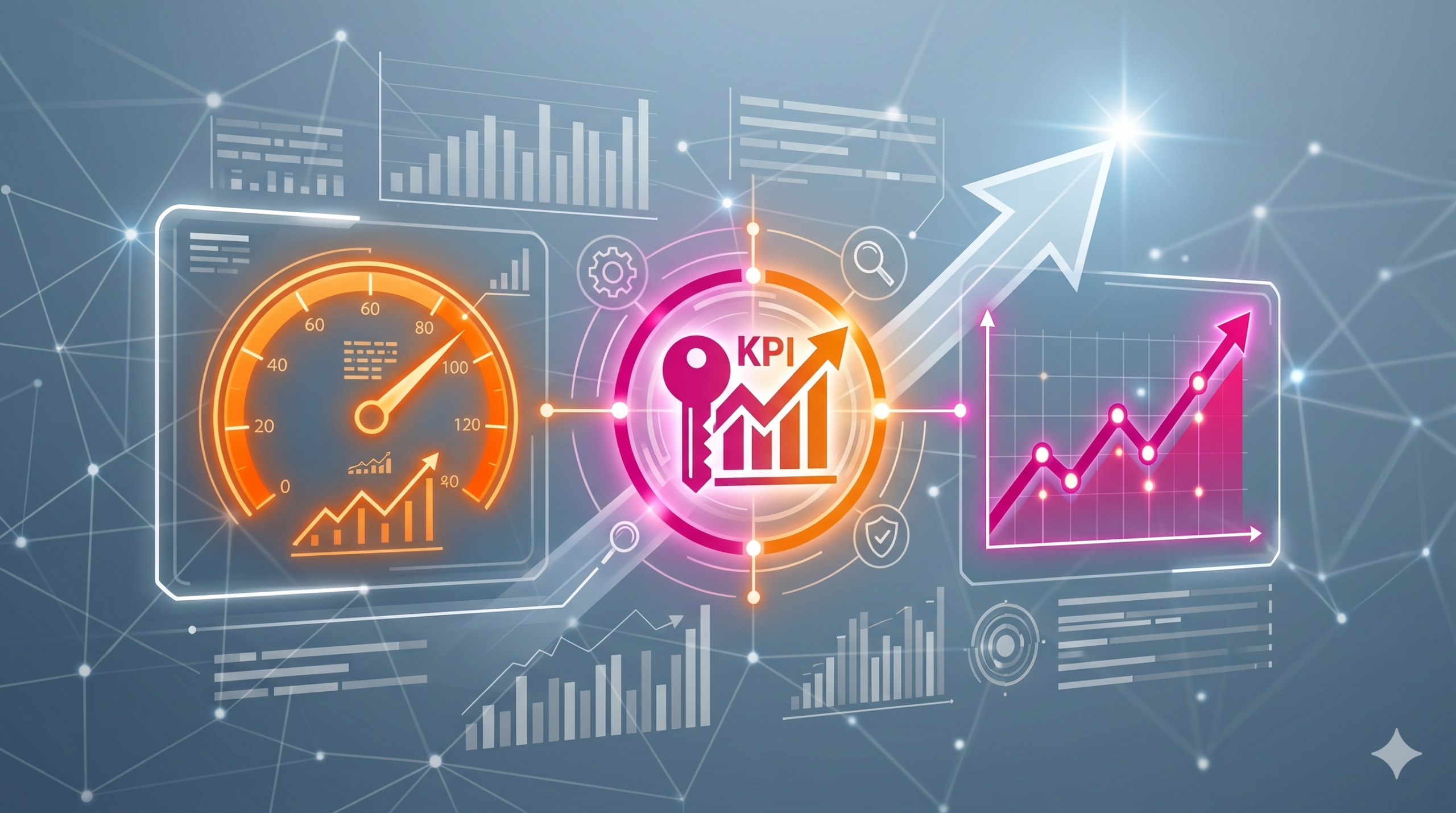 icono circular brillante con el texto 'KPI' (Key Performance Indicator) y una combinación de una llave y una gráfica de barras ascendente.