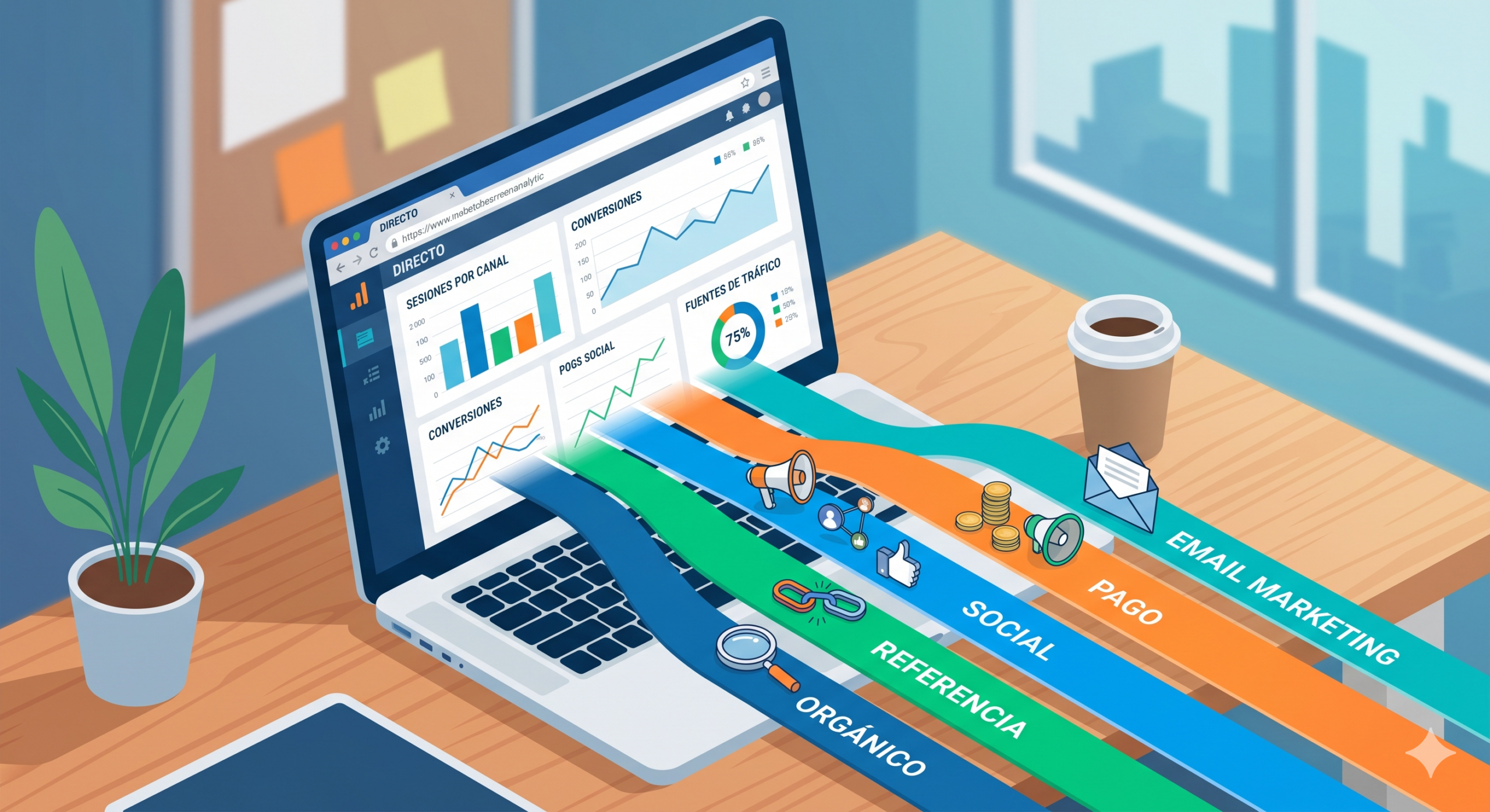 Ilustración moderna isométrica de un panel de analítica web en un portátil, mostrando cinco flujos de datos que representan los tipos de tráfico: orgánico, referencia, social, de pago y email marketing, saliendo de la pantalla.