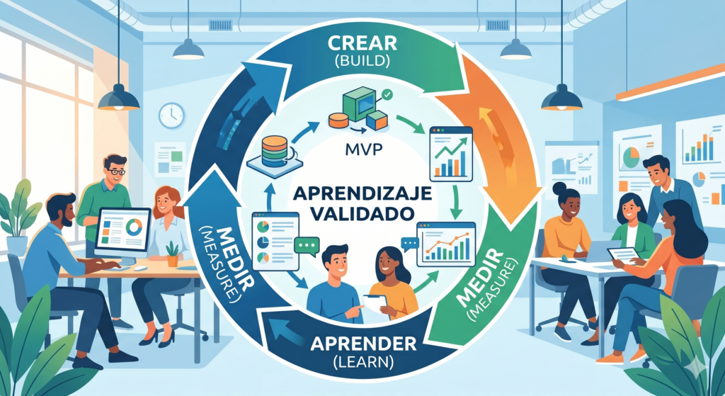 Ilustración que muestra un ciclo circular de Lean Start-up en una oficina moderna.