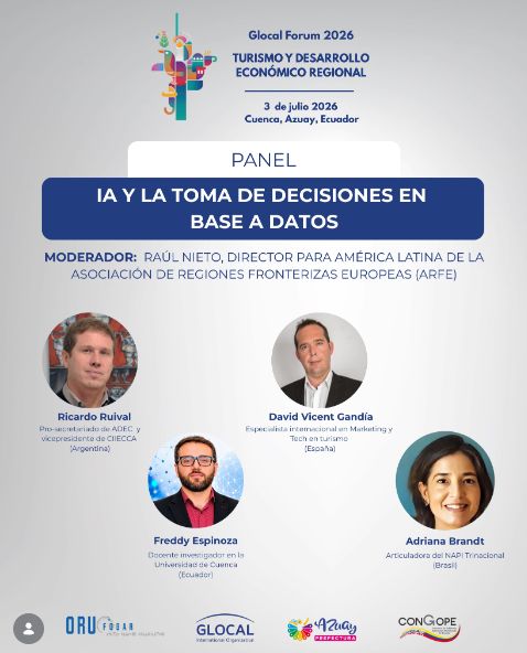 Cartel del panel IA y toma de decisiones en base a datos en GLOCAL Ecuador con participación de David Vicent Gandía de BarmetMedia