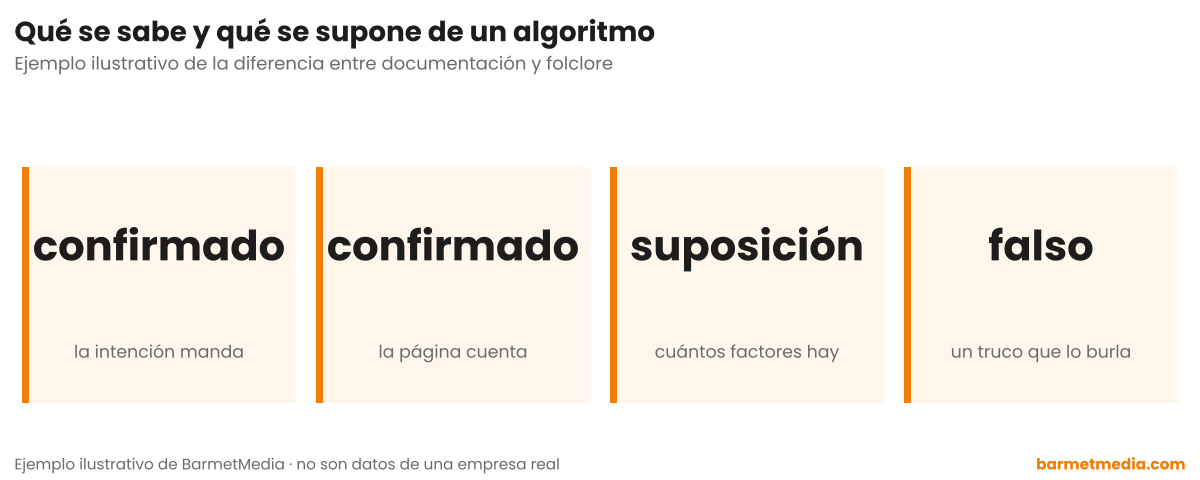 Cuatro tarjetas que separan lo confirmado, que la intención manda y que la página cuenta, de la suposición sobre cuántos factores hay y del falso truco que lo burla
