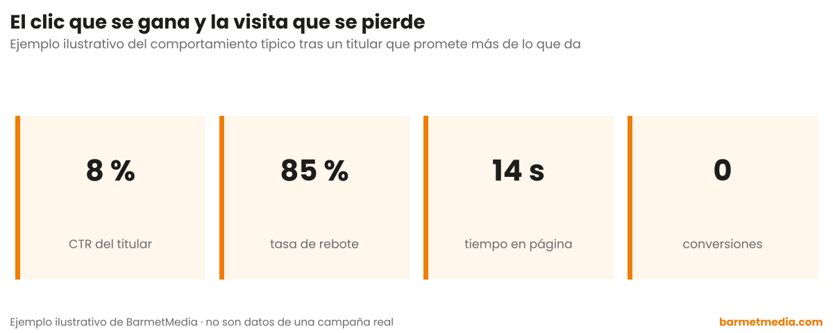 Cuatro métricas de una visita procedente de un titular engañoso: 8 % de CTR, 85 % de tasa de rebote, 14 segundos en página y cero conversiones