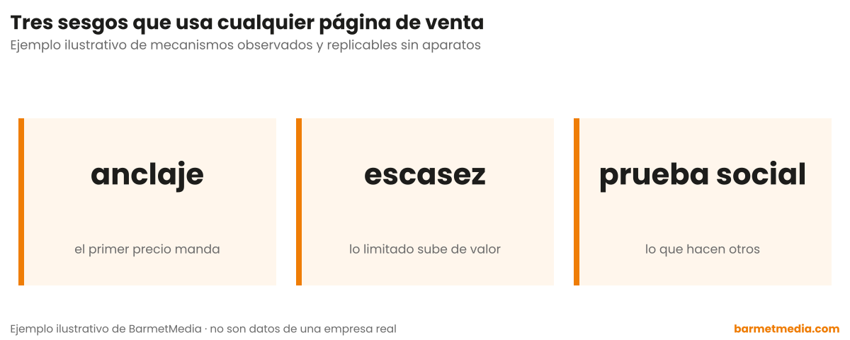 Tres tarjetas con sesgos aplicables: anclaje, donde el primer precio manda; escasez, donde lo limitado sube de valor; y prueba social, lo que hacen otros