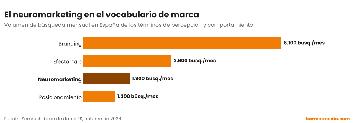 Gráfico de barras con el volumen de búsqueda mensual en España de branding, efecto halo, neuromarketing y posicionamiento